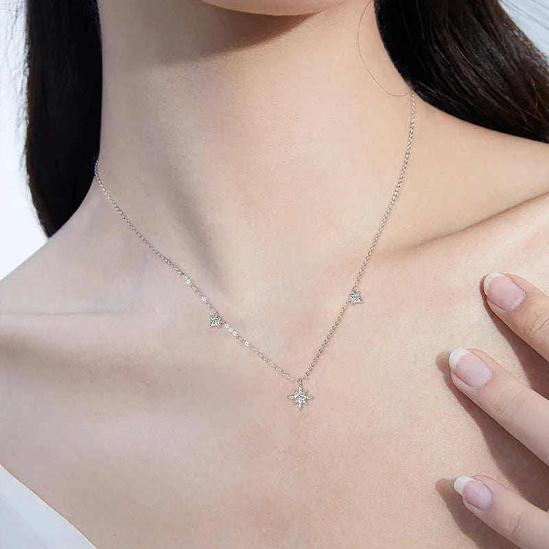 Moissanite Star Pendant Necklace – 925 Sterling Silver, 3mm & 2mm Round Cut, Women's Engagement Jewelry