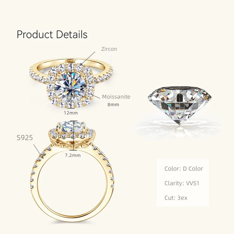 Moissanite Halo Wedding Ring – 8mm Round Cut, 925 Sterling Silver, Women's Engagement Fine Jewelry