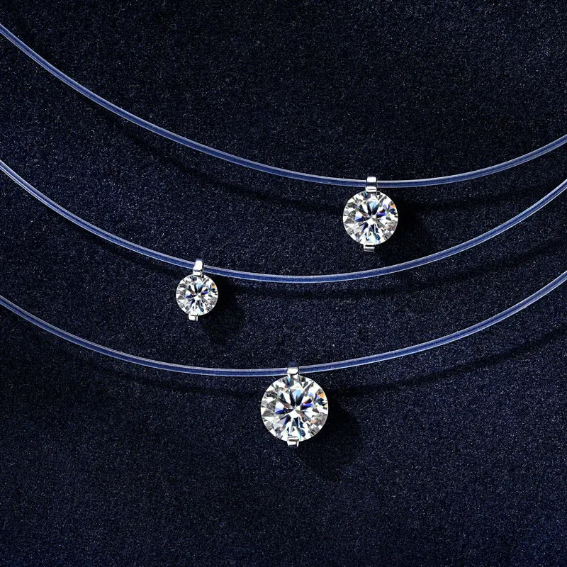 Moissanit-Anhänger-Halskette, 2 Karat, 8 mm, 925er Sterlingsilber, unsichtbare Angelschnurkette, Damenschmuck