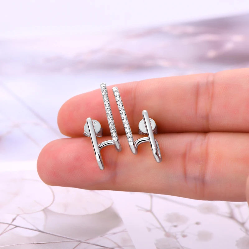 Moissanite Cuff Stud Earrings – 925 Sterling Silver, Geometric Design, Women's Jewelry for Birthday & Anniversary Gift