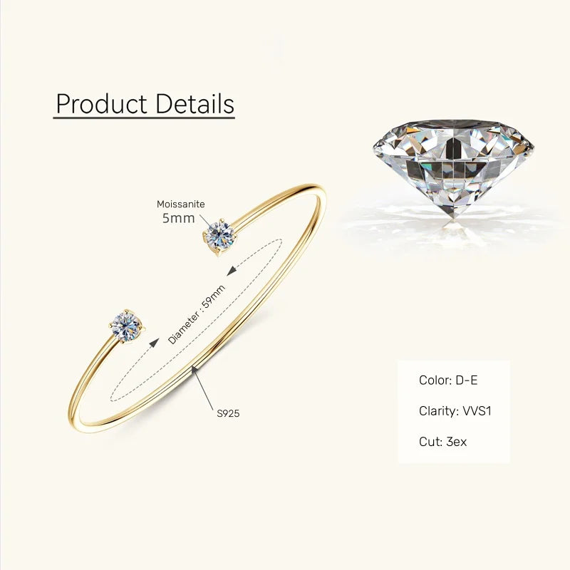 Moissanite Cuff Bangle 0.5CT – 5mm, 925 Sterling Silver, Women's Wedding & Engagement Bracelet, Fine Jewelry