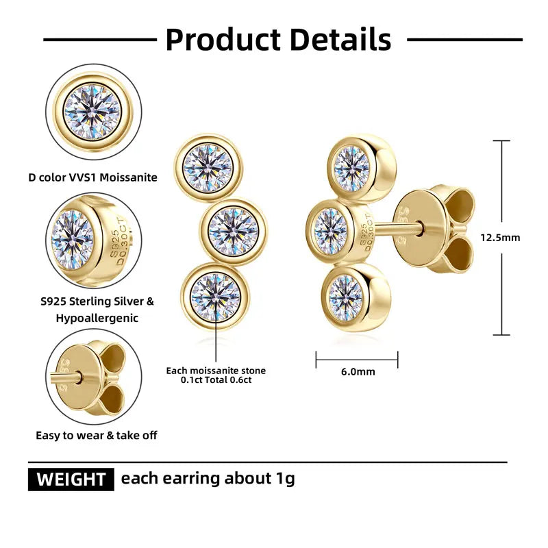Moissanite Curved Earrings 0.30CT – 925 Sterling Silver, Three-Stone Round Studs, Trendy Women's Jewelry