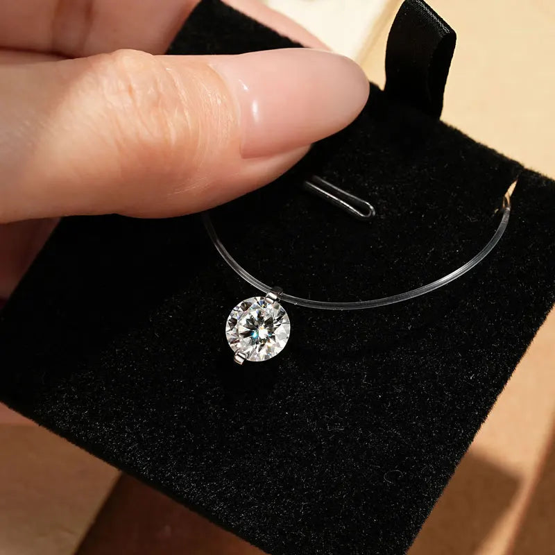 Moissanit-Anhänger-Halskette, 2 Karat, 8 mm, 925er Sterlingsilber, unsichtbare Angelschnurkette, Damenschmuck