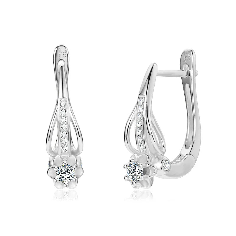 Moissanite Drop Clip-On Earrings 3mm VVS1 – 925 Sterling Silver Flower Hoops, Women's Engagement Jewelry