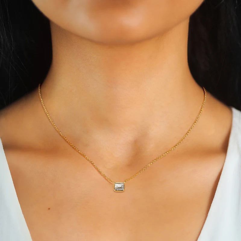 Emerald Cut Moissanite Pendant Necklace – 14K Gold Plated, 925 Sterling Silver, Adjustable Chain, Women's Jewelry Gift
