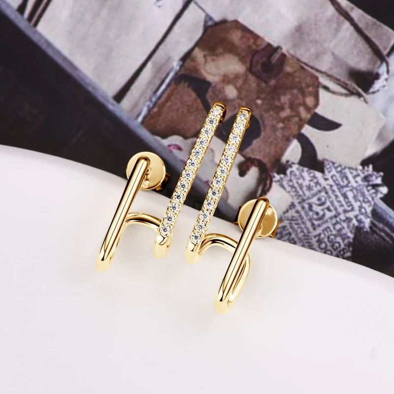 Moissanite Cuff Stud Earrings – 925 Sterling Silver, Geometric Design, Women's Jewelry for Birthday & Anniversary Gift