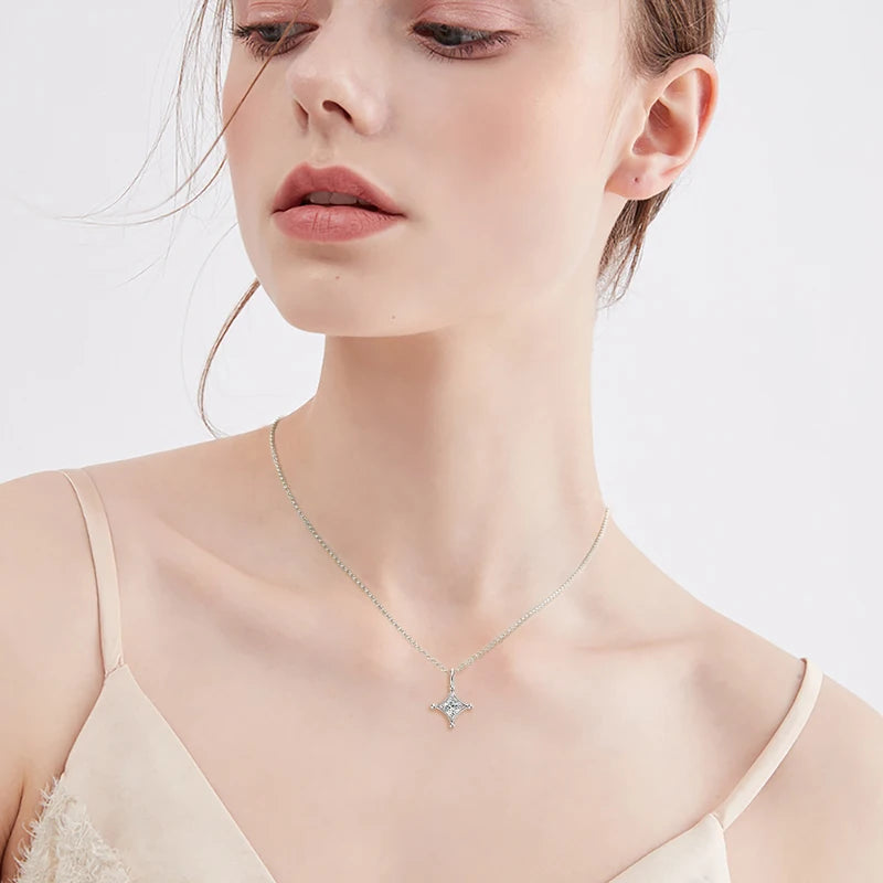 Moissanite Star Pendant Necklace – 925 Sterling Silver, 5.0mm Round Cut, Four-Pointed Star Charm Jewelry