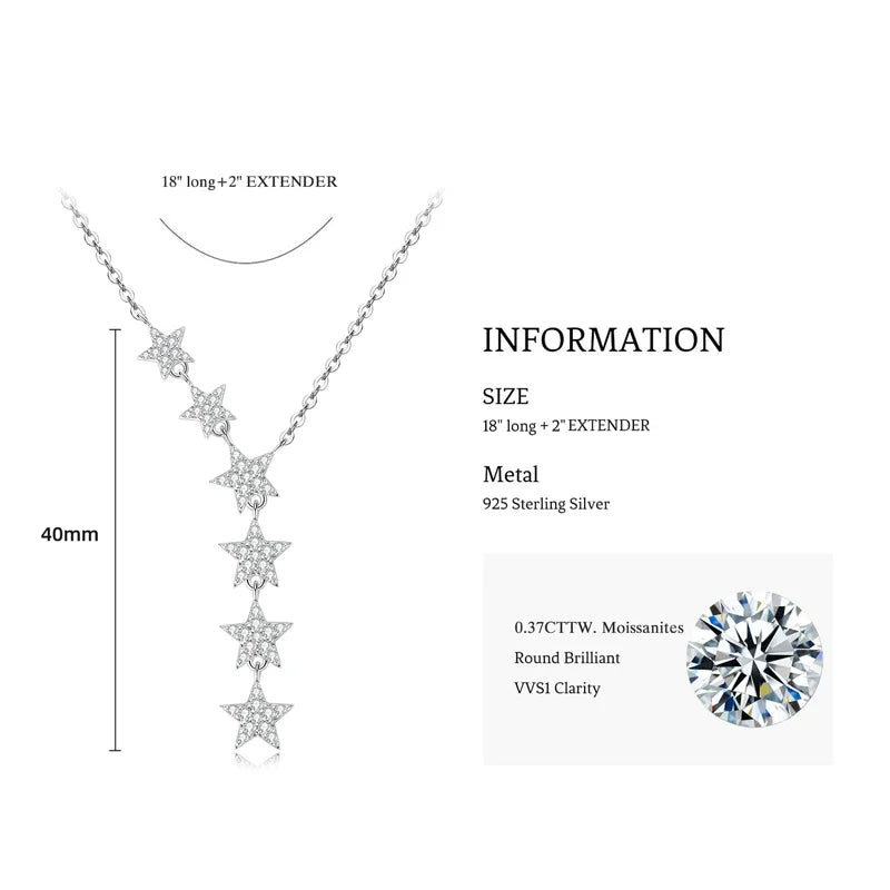 Moissanite Y-Shape Star Necklace – 925 Sterling Silver, 1.2mm 1mm 0.8mm Round Cut, Unique Women's Jewelry Gift