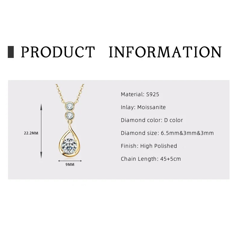 Moissanite Waterdrop Pendant Necklace 1.20CT – 925 Sterling Silver, Elegant Women's Jewelry Gift for Wedding & Christmas