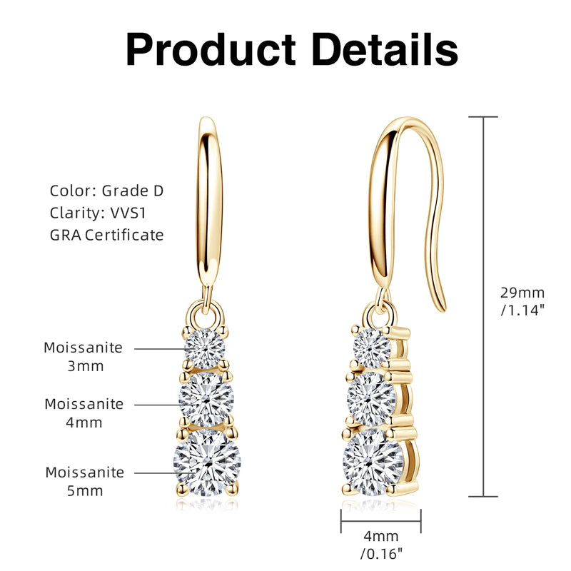 Moissanite Dangle Hook Earrings – 925 Sterling Silver, 3-Stone Design, 5mm 4mm 3mm, Elegant Women's Jewelry