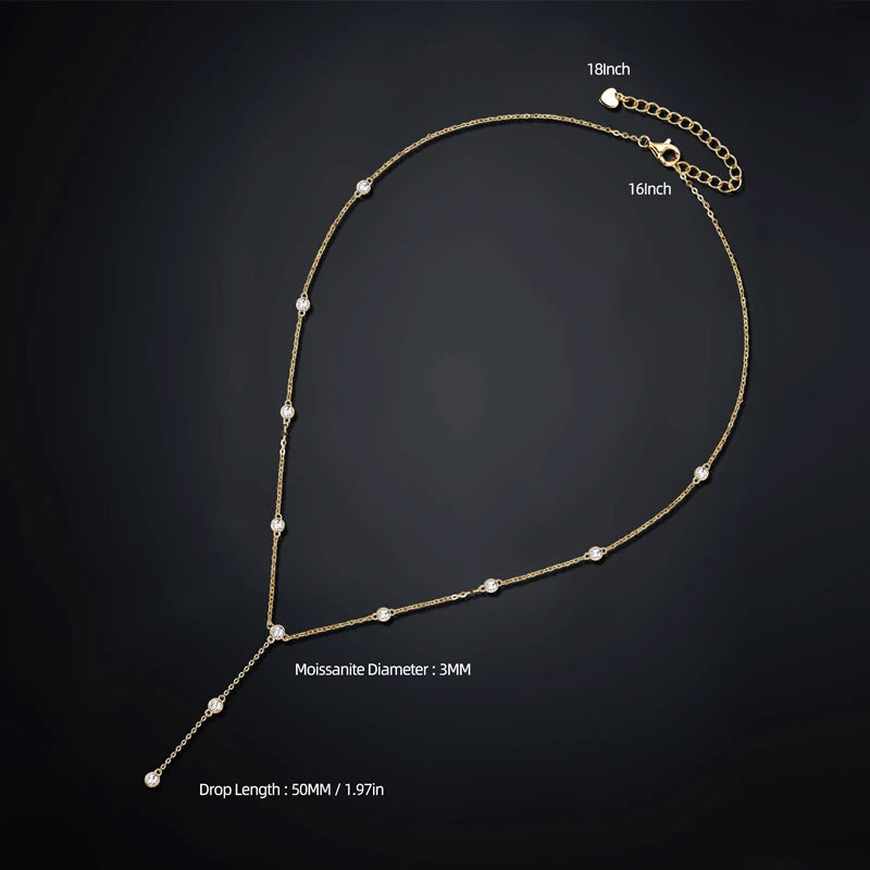 Moissanite Y-Shape Long Necklace – 925 Sterling Silver Chain, Round Cut, Elegant Women's Jewelry, Valentine’s Day Gift