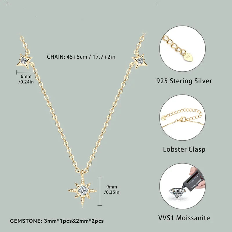 Moissanite Star Pendant Necklace – 925 Sterling Silver, 3mm & 2mm Round Cut, Women's Engagement Jewelry