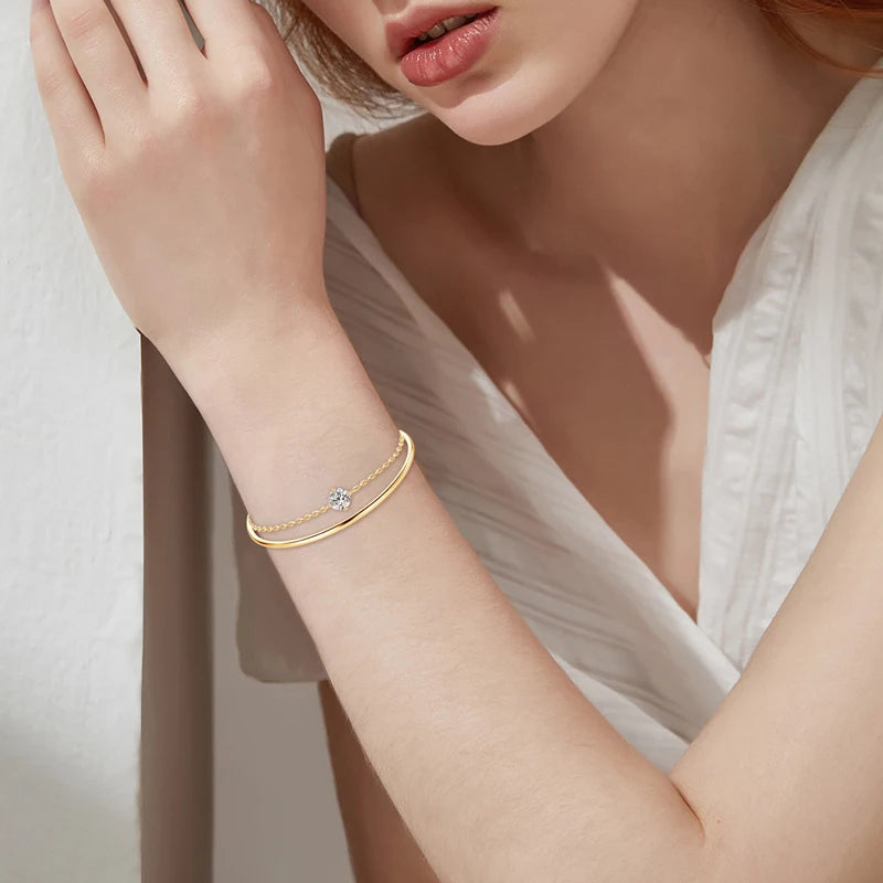Double-Layered Moissanite Bangle Bracelet – 1.0CT 6.5mm, 925 Sterling Silver Chain, GRA Certified Jewelry, Christmas Gift