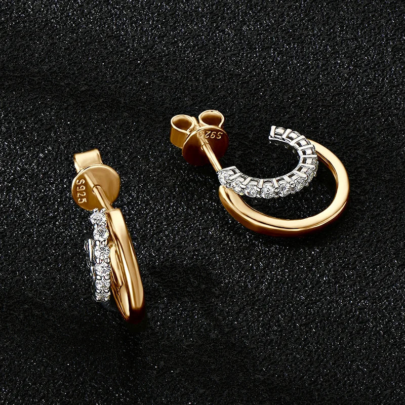 Moissanite Open Hoop Earrings 0.18CT – 1.5mm, 14K Gold Plated, 925 Sterling Silver Studs for Women & Girls