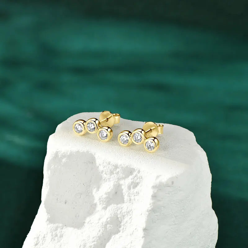 Moissanite Curved Earrings 0.30CT – 925 Sterling Silver, Three-Stone Round Studs, Trendy Women's Jewelry