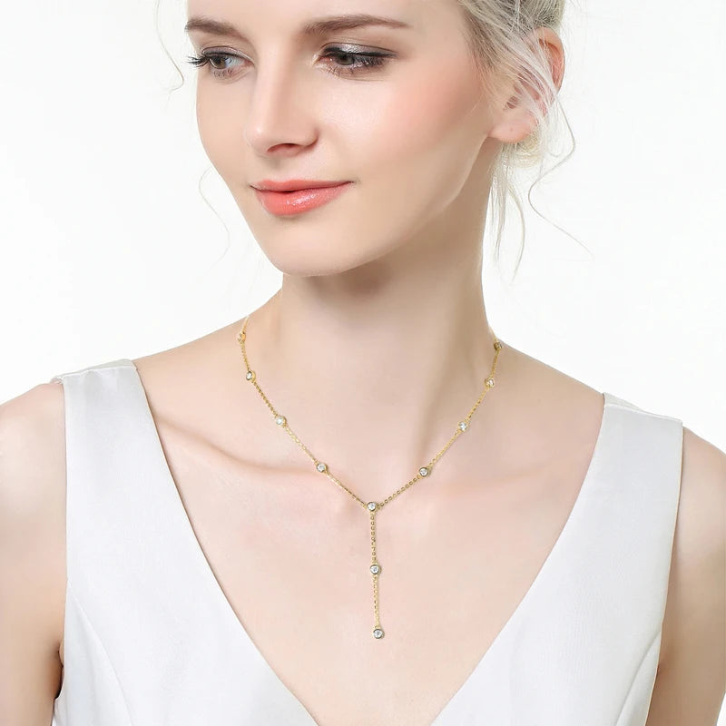 Moissanite Y-Shape Long Necklace – 925 Sterling Silver Chain, Round Cut, Elegant Women's Jewelry, Valentine’s Day Gift