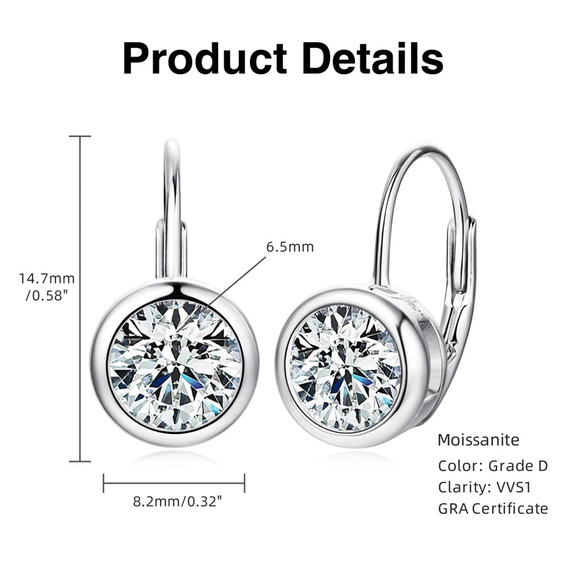 Moissanite Clip Earrings – 925 Sterling Silver, D Color, 6.5mm & 8mm Round Cut, Elegant Jewelry Gift for Girls & Weddings