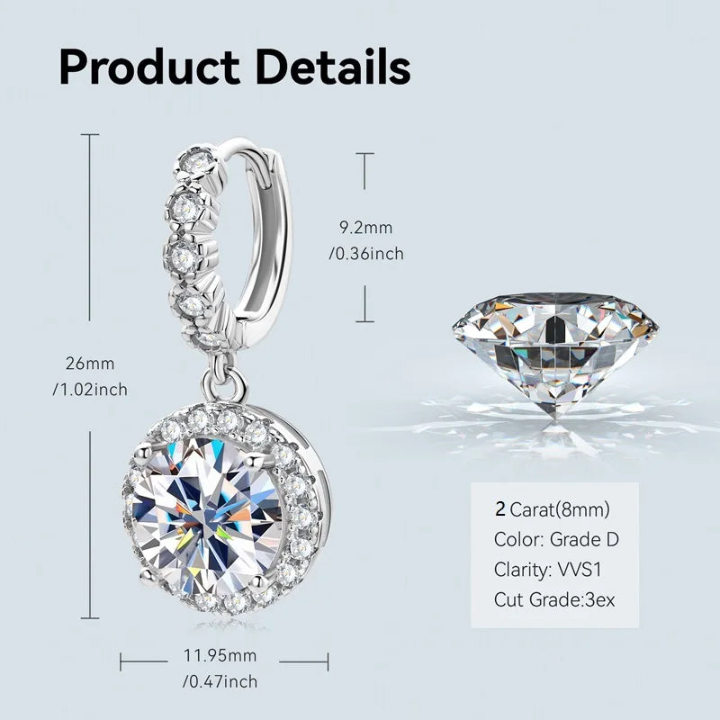 Color Moissanite Drop & Hoop Earrings – 2CT Huggie, 1CT Dangle, 925 Sterling Silver, Certified Women's Jewelry