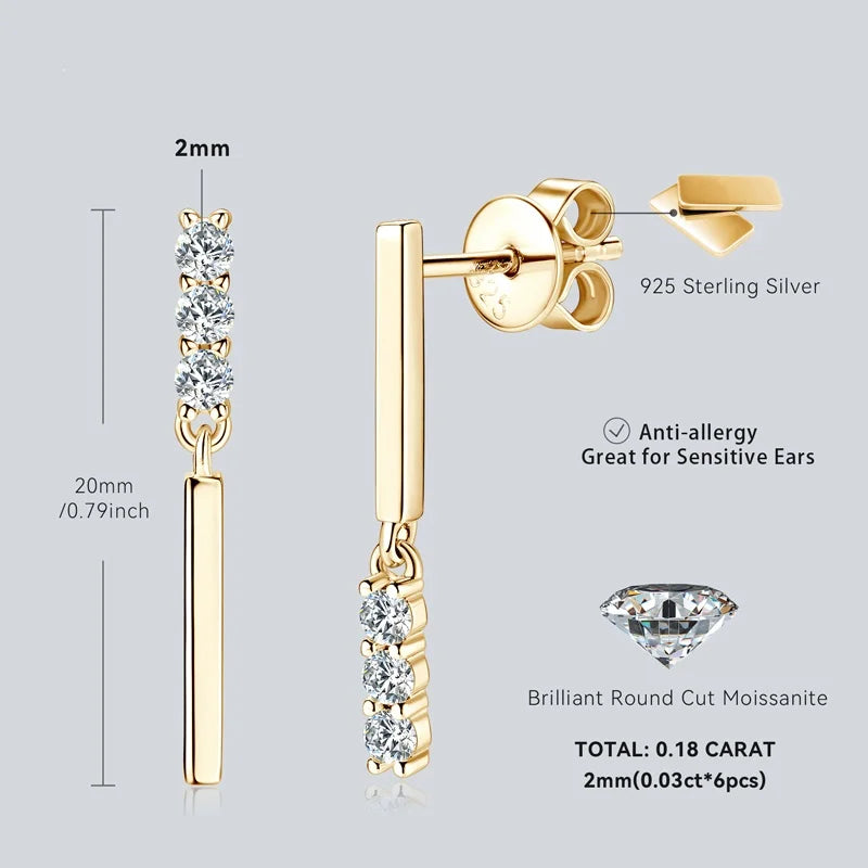 Moissanite Bar Drop Earrings 0.09CT VVS1 – 925 Sterling Silver Studs, Unique Engagement Jewelry for Women & Girls