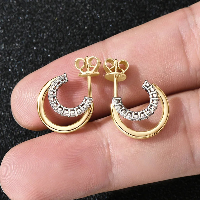 Moissanite Open Hoop Earrings 0.18CT – 1.5mm, 14K Gold Plated, 925 Sterling Silver Studs for Women & Girls
