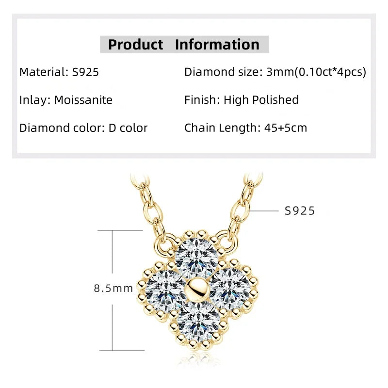 Moissanite Clover Pendant Necklace 3.0mm – D Color, 925 Sterling Silver, High-Quality Women's Engagement Jewelry