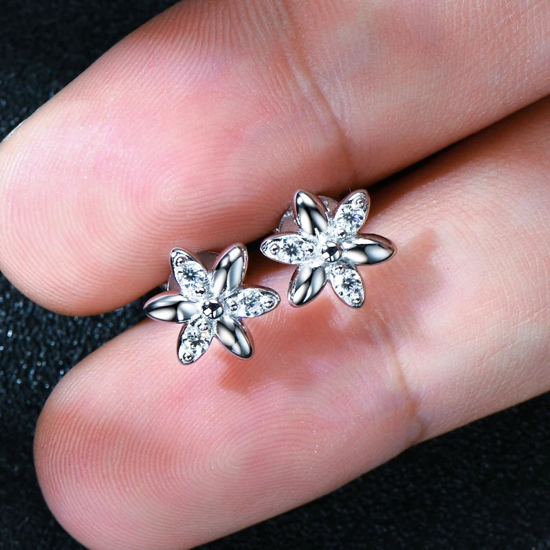 Moissanite Flower Stud Earrings 0.075CT – 925 Sterling Silver, 1.8mm Round Cut, Girls' Birthday & Party Gift Jewelry