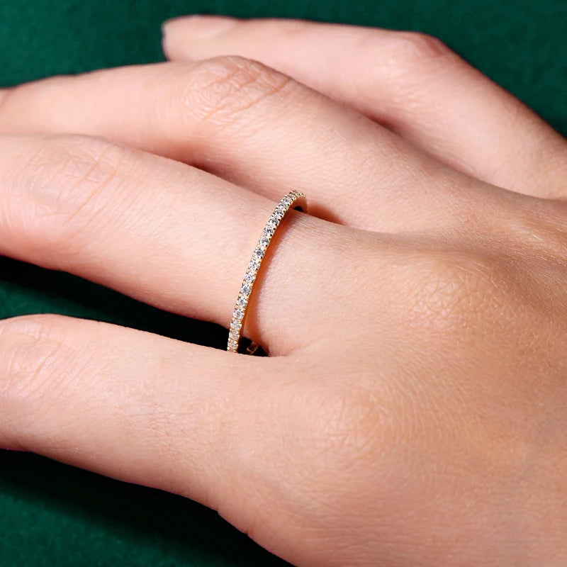 10K Solid Gold Half Eternity Band – 1.2mm D Color Moissanite, Thin Stackable Wedding Ring for Women