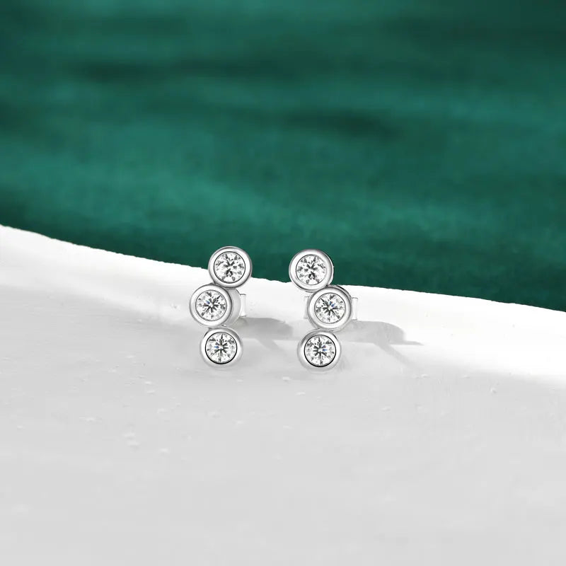 Moissanite Curved Earrings 0.30CT – 925 Sterling Silver, Three-Stone Round Studs, Trendy Women's Jewelry