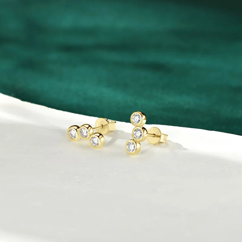 Moissanite Curved Earrings 0.30CT – 925 Sterling Silver, Three-Stone Round Studs, Trendy Women's Jewelry