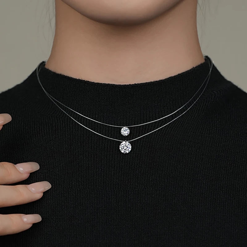 Moissanit-Anhänger-Halskette, 2 Karat, 8 mm, 925er Sterlingsilber, unsichtbare Angelschnurkette, Damenschmuck