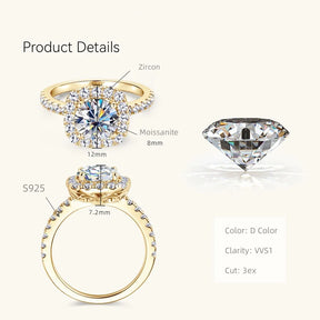 Moissanite Halo Wedding Ring – 8mm Round Cut, 925 Sterling Silver, Women's Engagement Fine Jewelry