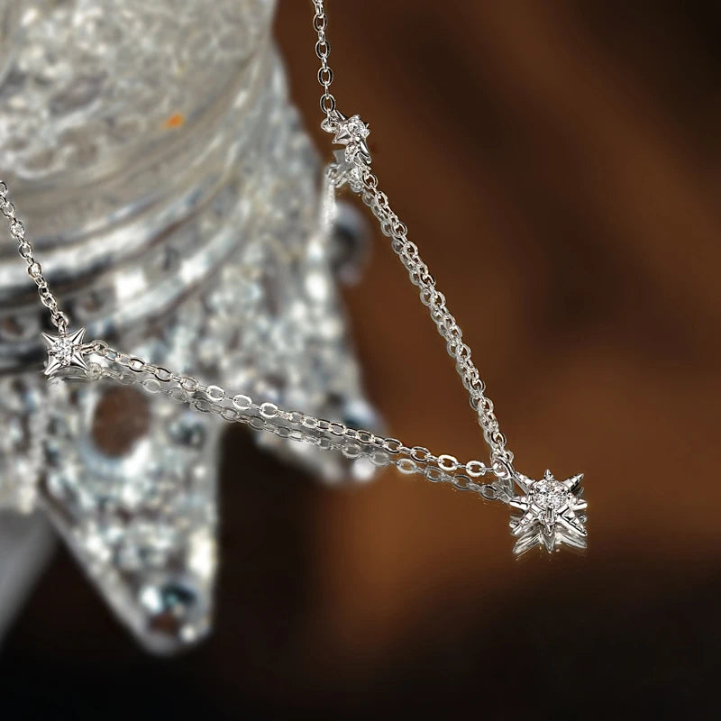 Moissanite Star Pendant Necklace – 925 Sterling Silver, 3mm & 2mm Round Cut, Women's Engagement Jewelry