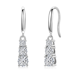 Moissanite Dangle Hook Earrings – 925 Sterling Silver, 3-Stone Design, 5mm 4mm 3mm, Elegant Women's Jewelry