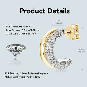 Boucles d'oreilles créoles ouvertes pavées de moissanite – Argent sterling 925, clous en forme de C, bijoux de mariage de luxe pour femme