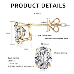 10K Yellow Gold Moissanite Stud Earrings – 1.5CT Oval Cut, Unisex Wedding Jewelry, 2025 Trend