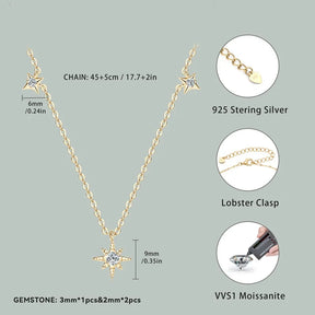 Halskette mit Moissanit-Sternanhänger – 925er Sterlingsilber, 3 mm und 2 mm Rundschliff, Verlobungsschmuck für Damen