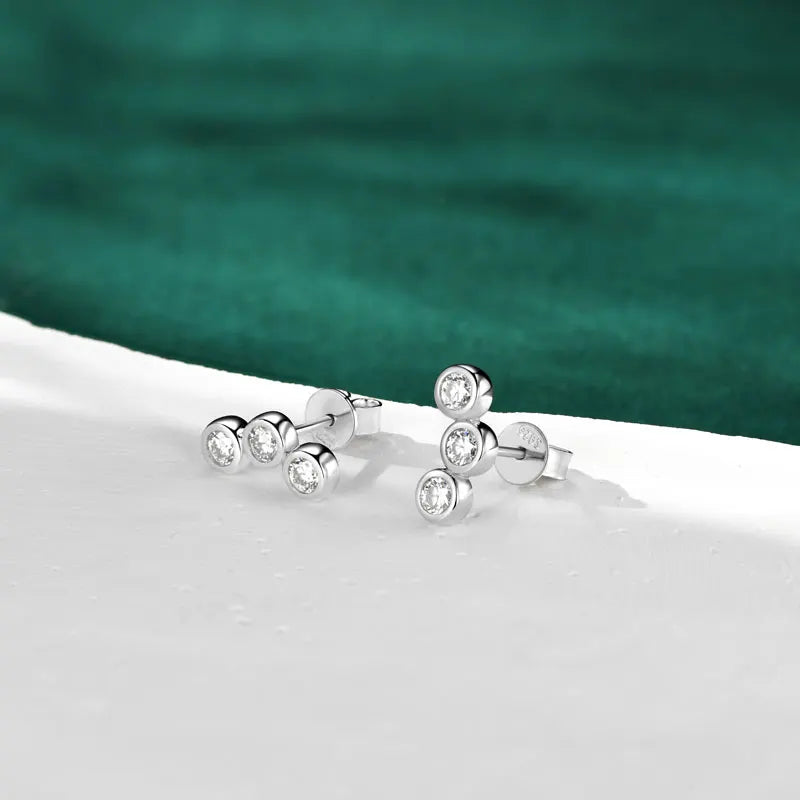 Moissanite Curved Earrings 0.30CT – 925 Sterling Silver, Three-Stone Round Studs, Trendy Women's Jewelry