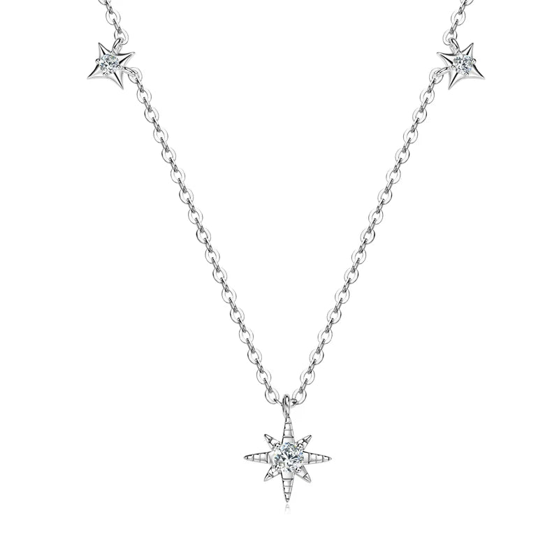 Moissanite Star Pendant Necklace – 925 Sterling Silver, 3mm & 2mm Round Cut, Women's Engagement Jewelry