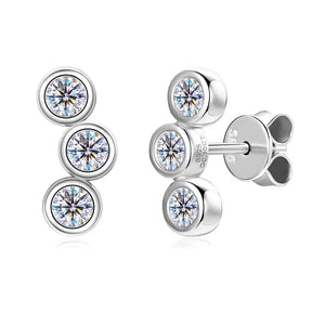 Moissanite Curved Earrings 0.30CT – 925 Sterling Silver, Three-Stone Round Studs, Trendy Women's Jewelry