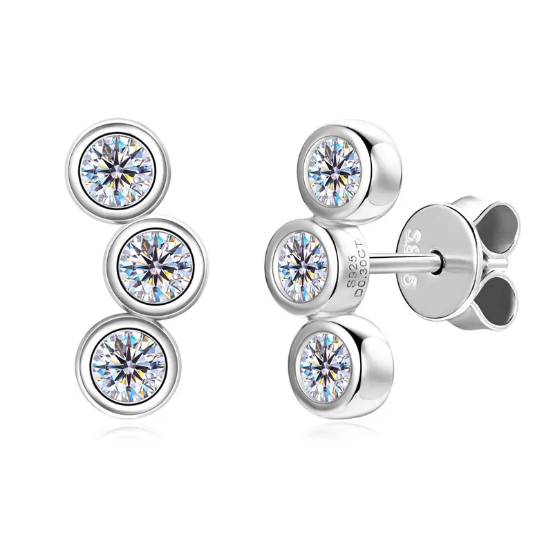 Moissanite Curved Earrings 0.30CT – 925 Sterling Silver, Three-Stone Round Studs, Trendy Women's Jewelry