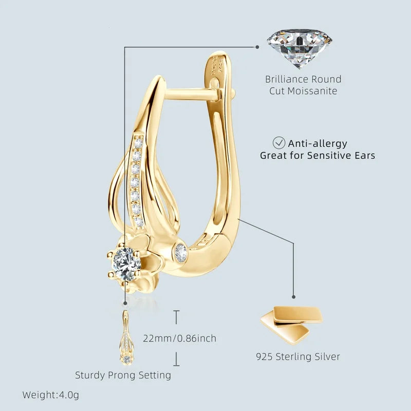 Moissanite Drop Clip-On Earrings 3mm VVS1 – 925 Sterling Silver Flower Hoops, Women's Engagement Jewelry