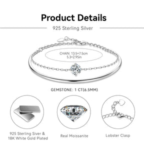Double-Layered Moissanite Bangle Bracelet – 1.0CT 6.5mm, 925 Sterling Silver Chain, GRA Certified Jewelry, Christmas Gift