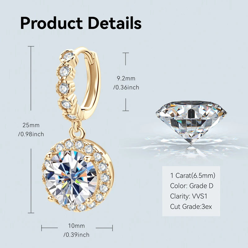 Boucles d'oreilles créoles en argent sterling 925 plaqué or et moissanite – 1 carat, 2 carats, 3 carats – pour femmes