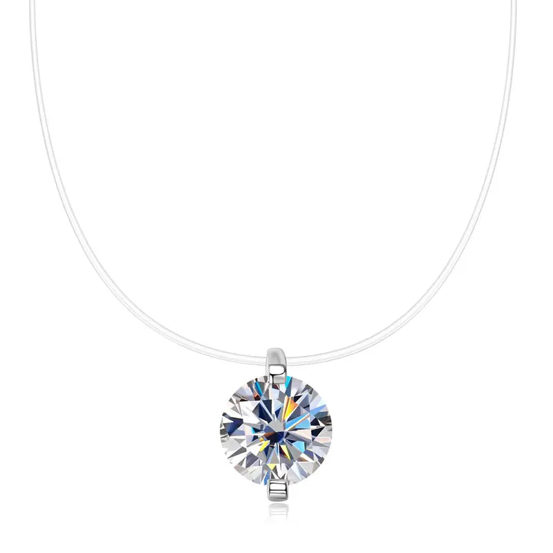 Moissanit-Anhänger-Halskette, 2 Karat, 8 mm, 925er Sterlingsilber, unsichtbare Angelschnurkette, Damenschmuck
