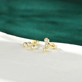 Moissanite Curved Earrings 0.30CT – 925 Sterling Silver, Three-Stone Round Studs, Trendy Women's Jewelry